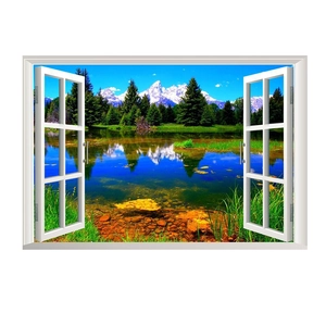 Detail of 3D window wall decal featuring snow mountains and lake reflection landscape