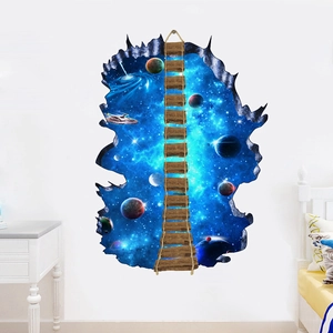 Vue détaillée du sticker mural 3D galaxie avec pont en bois et décor de planètes