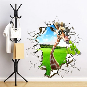 3D wall sticker featuring a cartoon giraffe peeking through a broken wall in high detail