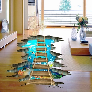 Sticker de sol 3D pont océan avec requin et récif de corail pour décoration