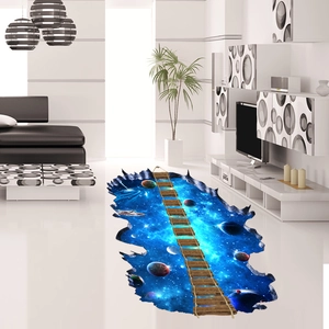 Sticker de sol 3D espace avec un pont en bois sur une galaxie nébuleuse étoilée bleue