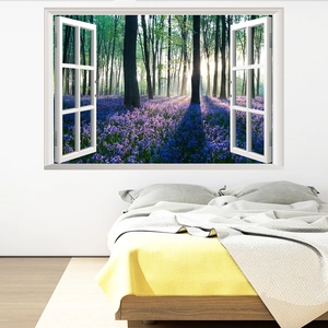 Detail of 3D window wall sticker showing a forest path and purple hyacinth flower field