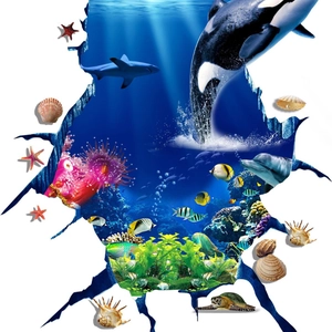 3D ocean world wall sticker with whales and dolphins creating a realistic broken wall effect