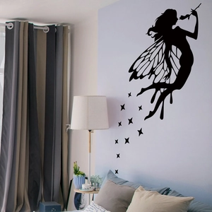 Exquisite black fairy silhouette wall decal with stars for bedroom and living room decor