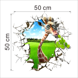 3D wall sticker featuring a cute giraffe looking through a broken wall, size 50cm x 50cm