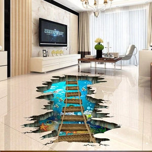 Sticker de sol 3D océan avec pont en bois et poissons tropicaux pour décor de maison
