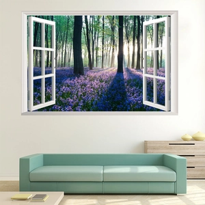 3D forest flower field window wall sticker above a light green sofa in a modern living room