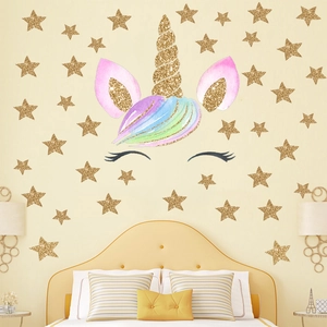 Stickers muraux licorne avec corne dorée pailletée et cheveux arc-en-ciel pour enfants