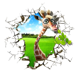 3D wall sticker featuring a cute giraffe breaking through wall with natural landscape view