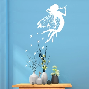 White fairy silhouette wall sticker with stars on a blue bedroom background wall decor