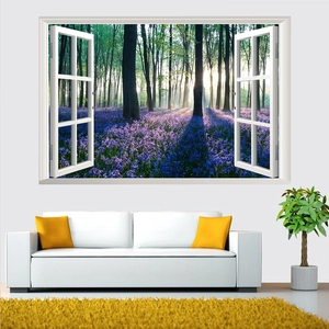 Detail of 3D window wall sticker featuring a purple forest landscape and sunlit trees