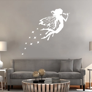Detail view of a white fairy wall decal with star trails in a modern living room setting
