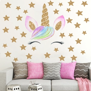 Stickers muraux licorne avec crinière arc-en-ciel et étoiles dorées pour chambre