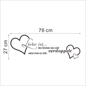 German Liebe ist wall sticker with hearts for living room decor, size 76x27 cm