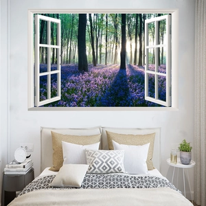 3D beach window wall sticker with forest and purple flowers for bedroom home decor
