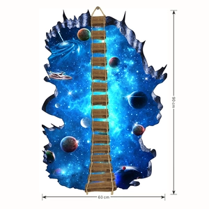 Vue détaillée du sticker 3D galaxie avec échelle en bois mesurant 90x60 cm de haut