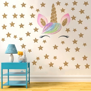 Stickers muraux licorne avec étoiles dorées pailletées pour déco de chambre enfant