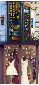 Detail of glittery gold and silver snowflake window stickers on glass storefront doors