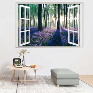 Detailed 3D window wall sticker featuring a blooming purple flower forest and morning light