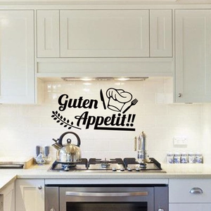 Close-up of Guten Appetit kitchen wall decal with chef hat and cutlery icons