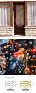 Close-up of gold and silver silk-screened snowflake window stickers for Christmas decor