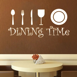 Creative Dining Time wall sticker with cutlery icons on brown kitchen wall background