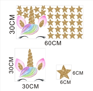 Plan détaillé des dimensions du sticker mural licorne avec étoiles et guide des tailles