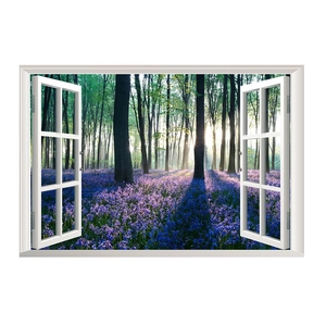 Detail view of 3D window wall sticker with morning forest and purple flower field landscape
