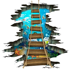 Sticker mural 3D fond marin avec pont suspendu en bois et poissons tropicaux