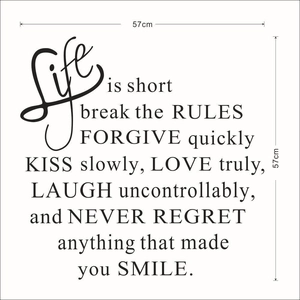 Inspirational black Life is Short wall decal, square layout 57x57cm size guide