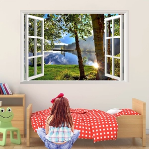 3D beach landscape window wall sticker with forest view for home room decoration