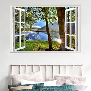Detail of 3D window wall decal showing sunrise lake forest view for bedroom decor