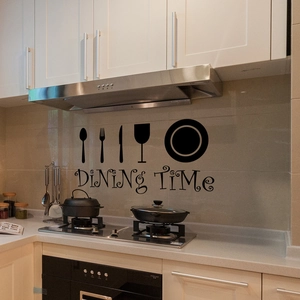 Kitchen wall decal featuring dining time text and cutlery icons on white wall background