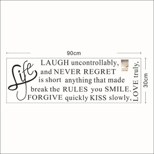 Detailed wall sticker layout with Life is Short quote measuring 90cm by 30cm