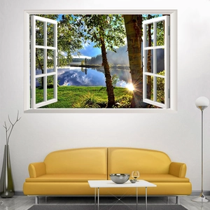 Detailed 3D wall sticker featuring an open window view of a serene lake and sunny forest