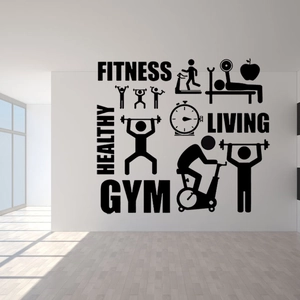 Vinilos de pared de fitness minimalistas en PVC negro con iconos para gimnasio y hogar