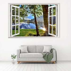 Detailed 3D wall sticker showing a lake and forest sunrise through a white window frame