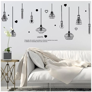 Minimalist black vinyl wall decal featuring hanging heart light bulbs and elegant text