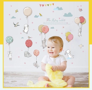 Flying rabbit and hot air balloon wall decals for children's nursery and bedroom decor