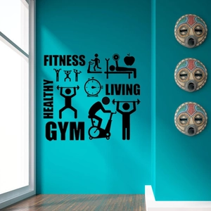 Primer plano de vinilos de pared fitness negros con iconos de deporte y vida saludable