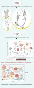 Size guide for flying rabbit wall decals showing dimensions of 105x72cm after layout