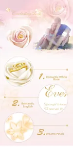 Vue détaillée d'une bague rose blanche avec lettrage romantique et bords dorés