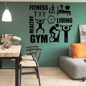 Vinilos decorativos fitness Healthy Living con siluetas deportivas y letras motivadoras