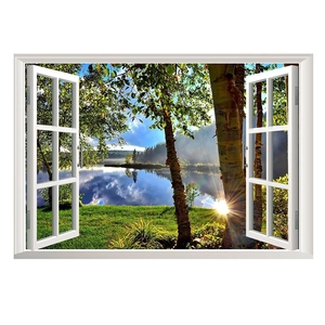 Macro view of 3D window wall sticker showing a scenic lake view with birch trees