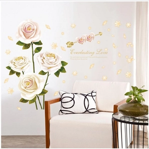 Stickers muraux roses blanches et roses avec feuilles dorées et texte romantique