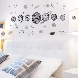 Minimalist hand-drawn solar system wall decals for modern living room decor