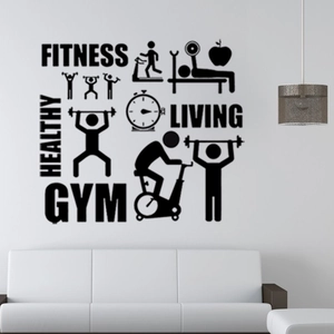 Vinilos decorativos de pared para gimnasio en color negro con iconos de deporte y citas