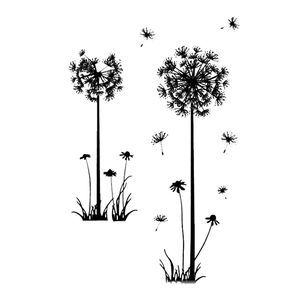 Minimalist dandelion silhouette wall sticker with seeds blowing in the wind on white background
