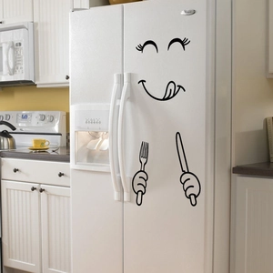 Funny smiley face fridge stickers with cutlery hands on a white double-door refrigerator