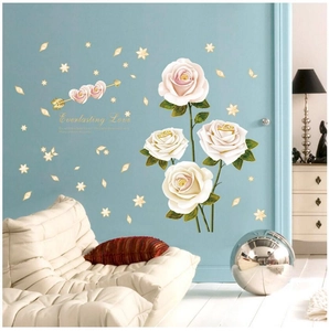 Stickers muraux roses blanches romantiques avec texte Everlasting Love pour salon